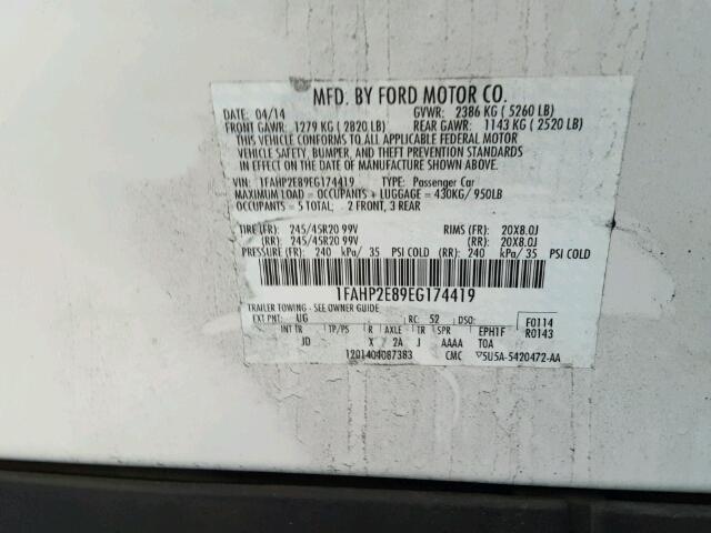 1FAHP2E89EG174419 - 2014 FORD TAURUS SEL WHITE photo 10