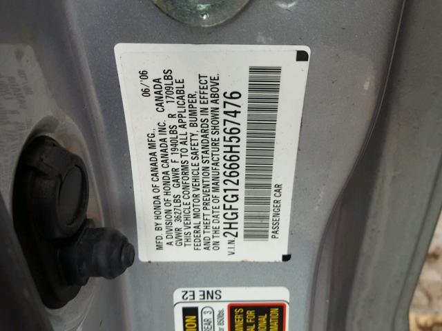 2HGFG12666H567476 - 2006 HONDA CIVIC LX SILVER photo 10