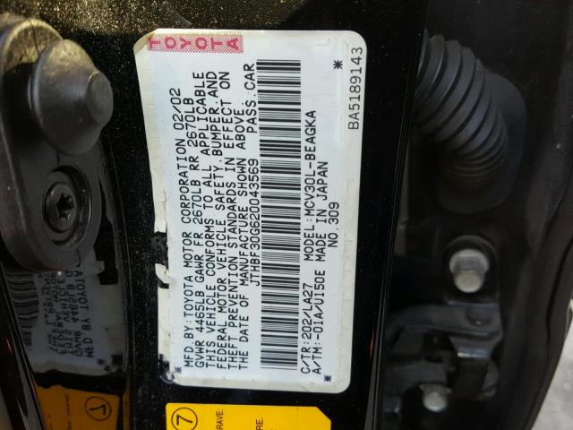 JTHBF30G620043569 - 2002 LEXUS ES 300 BLACK photo 10