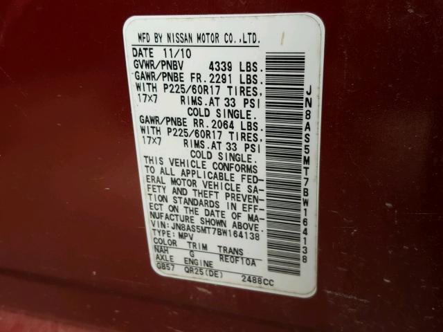 JN8AS5MT7BW164138 - 2011 NISSAN ROGUE S RED photo 10