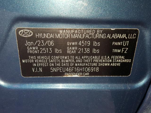 5NPEU46F16H106918 - 2006 HYUNDAI SONATA GLS BLUE photo 10