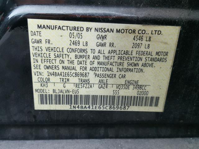 1N4BA41E65C869687 - 2005 NISSAN MAXIMA SE BLACK photo 10