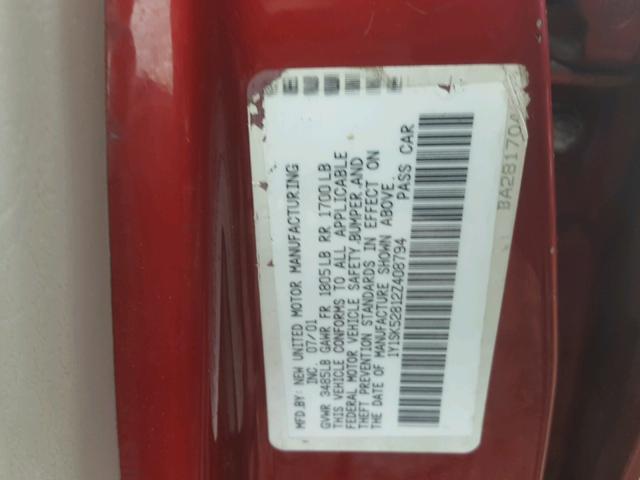 1Y1SK52812Z408794 - 2002 CHEVROLET GEO PRIZM RED photo 10