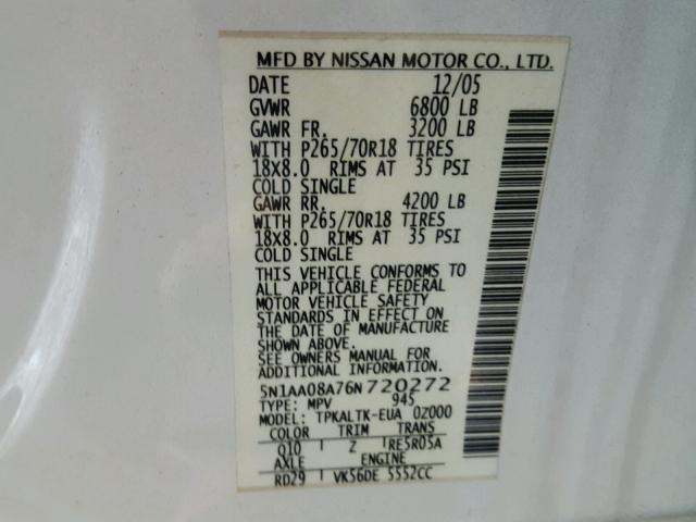 5N1AA08A76N720272 - 2006 NISSAN ARMADA SE WHITE photo 10