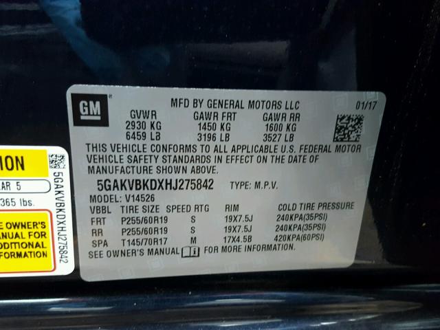 5GAKVBKDXHJ275842 - 2017 BUICK ENCLAVE BLUE photo 10