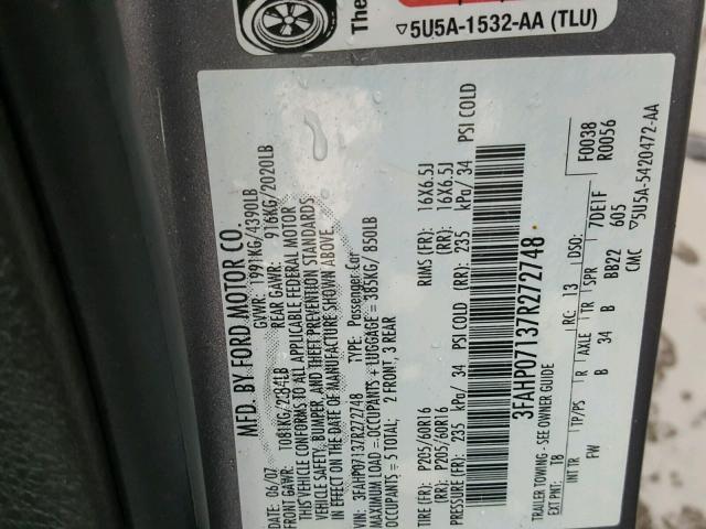 3FAHP07137R272748 - 2007 FORD FUSION SE GRAY photo 10