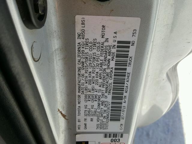 5TETX22N06Z216727 - 2006 TOYOTA TACOMA ACC GRAY photo 10