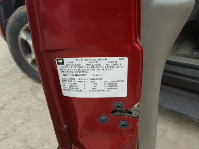 1GNES16P446109727 - 2004 CHEVROLET TRAILBLAZE MAROON photo 10