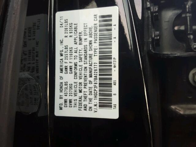 1HGCP3F87BA026777 - 2011 HONDA ACCORD EXL BLACK photo 10