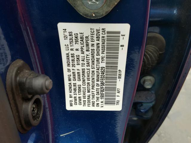 19XFB2F58FE024629 - 2015 HONDA CIVIC LX BLUE photo 10