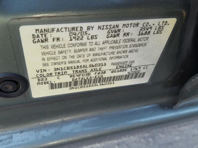 3N1CB51D55L560311 - 2005 NISSAN SENTRA 1.8 GREEN photo 10