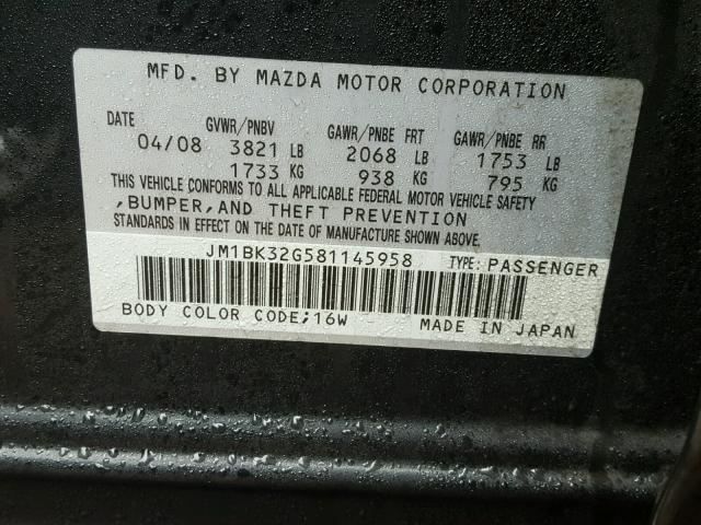 JM1BK32G581145958 - 2008 MAZDA 3 I BLACK photo 10