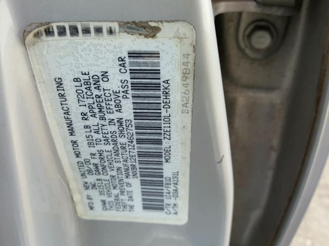 1NXBR12E71Z462753 - 2001 TOYOTA COROLLA CE SILVER photo 10