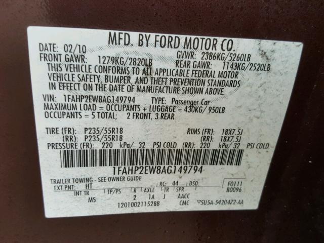 1FAHP2EW8AG149794 - 2010 FORD TAURUS SEL MAROON photo 10