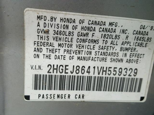 2HGEJ8641VH559329 - 1997 HONDA CIVIC EX SILVER photo 10