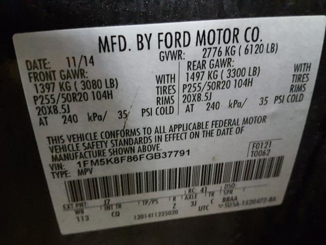 1FM5K8F86FGB37791 - 2015 FORD EXPLORER L GRAY photo 10