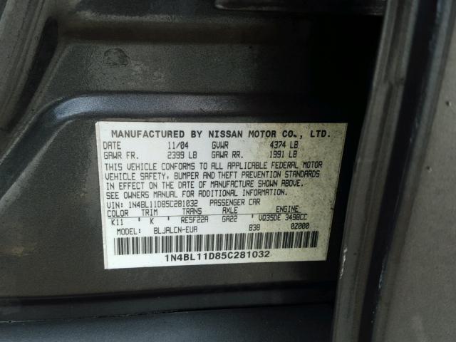 1N4BL11D85C281032 - 2005 NISSAN ALTIMA SE CHARCOAL photo 10