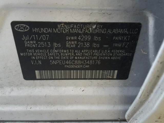 5NPEU46C88H348176 - 2008 HYUNDAI SONATA SE GRAY photo 10