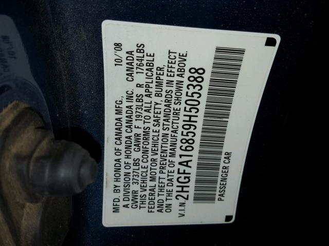 2HGFA16859H505388 - 2009 HONDA CIVIC EX ლურჯი ფოტო 10