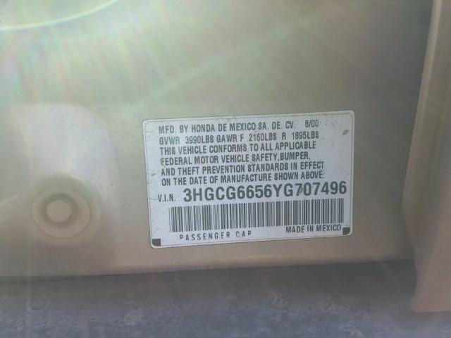 3HGCG6656YG707496 - 2000 HONDA ACCORD LX GOLD photo 10