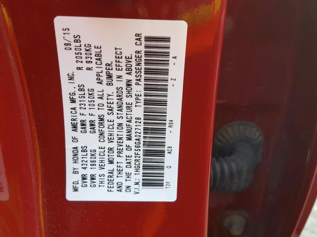 1HGCR2F56GA027128 - 2016 HONDA ACCORD SPO RED photo 10