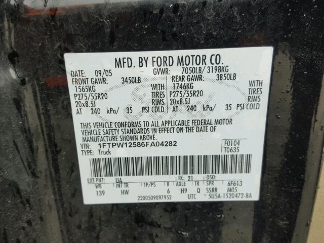 1FTPW12586FA04282 - 2006 FORD F150 SUPER BLACK photo 10