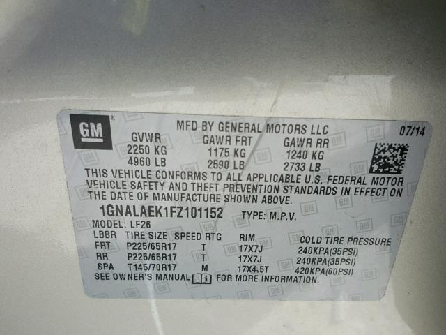 1GNALAEK1FZ101152 - 2015 CHEVROLET EQUINOX LS BEIGE photo 10