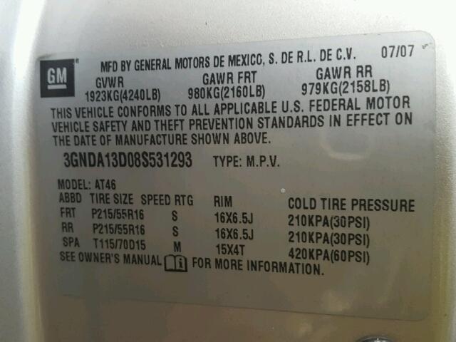 3GNDA13D08S531293 - 2008 CHEVROLET HHR LS SILVER photo 10