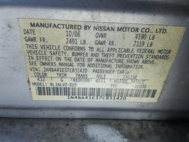 1N4BA41E37C831420 - 2007 NISSAN MAXIMA SE SILVER photo 10