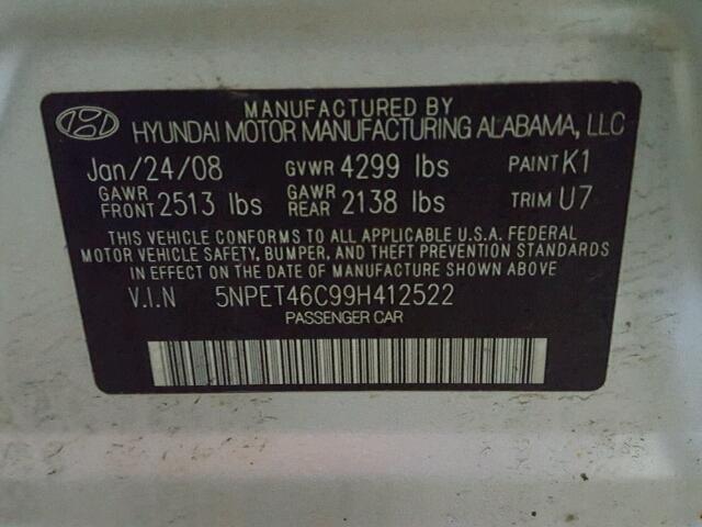 5NPET46C99H412522 - 2009 HYUNDAI SONATA GLS SILVER photo 10