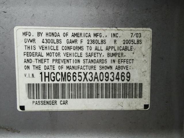 1HGCM665X3A093469 - 2003 HONDA ACCORD EX SILVER photo 10