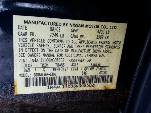 1N4AL11D06N308502 - 2006 NISSAN ALTIMA S BLUE photo 10