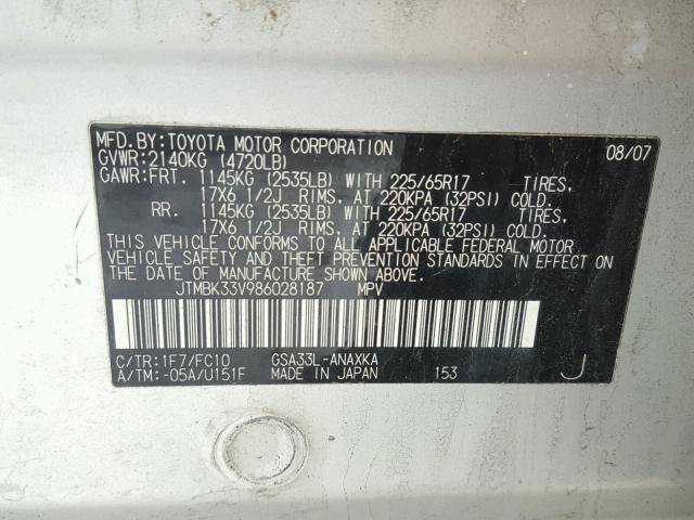 JTMBK33V986028187 - 2008 TOYOTA RAV4 SILVER photo 10