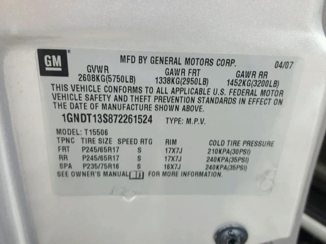 1GNDT13S872261524 - 2007 CHEVROLET TRAILBLAZE SILVER photo 10