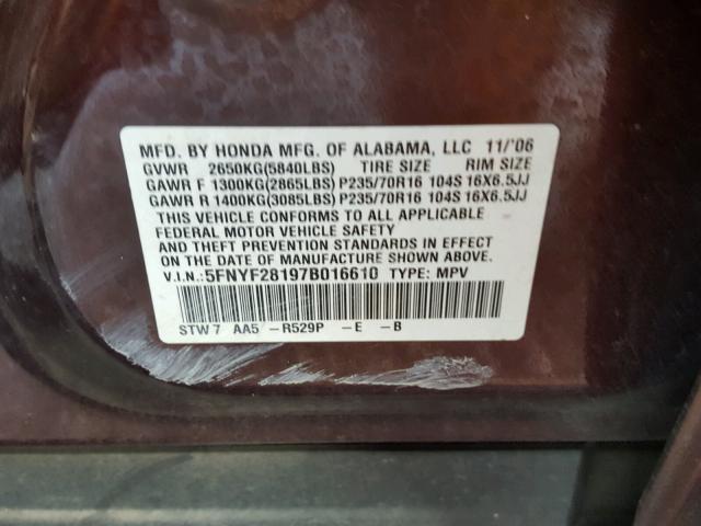 5FNYF28197B016610 - 2007 HONDA PILOT LX MAROON photo 10