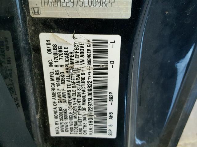 1HGEM22975L009822 - 2005 HONDA CIVIC EX BLACK photo 10