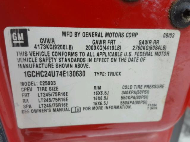 1GCHC24U74E130630 - 2004 CHEVROLET SILVERADO RED photo 10