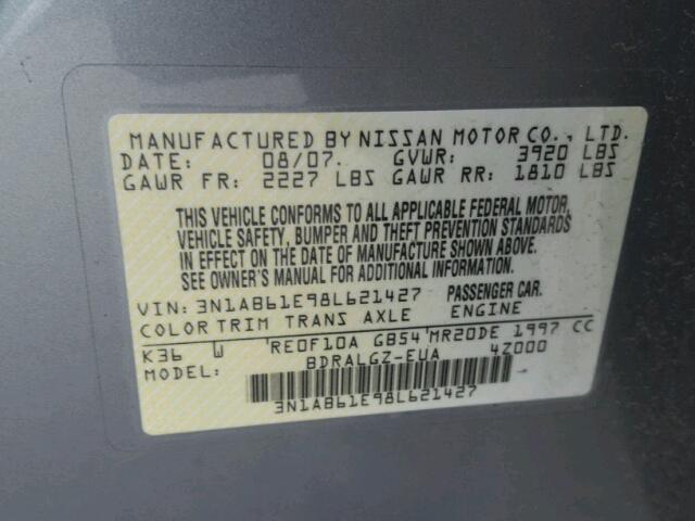 3N1AB61E98L621427 - 2008 NISSAN SENTRA 2.0 GRAY photo 10