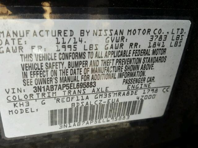 3N1AB7AP5EL695883 - 2014 NISSAN SENTRA S BLACK photo 10