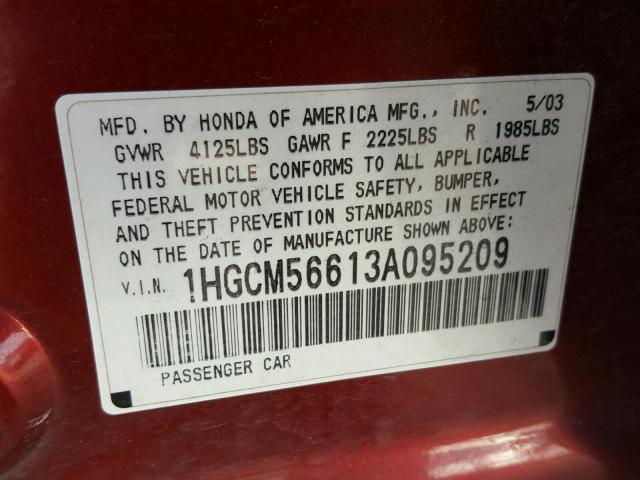 1HGCM56613A095209 - 2003 HONDA ACCORD EX MAROON photo 10