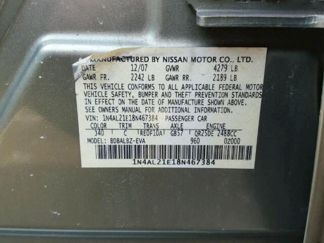 1N4AL21E18N467384 - 2008 NISSAN ALTIMA 2.5 GREEN photo 10