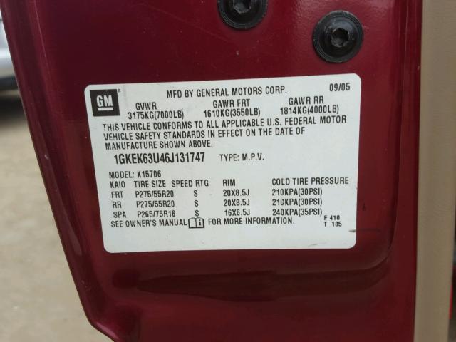 1GKEK63U46J131747 - 2006 GMC YUKON DENA RED photo 10