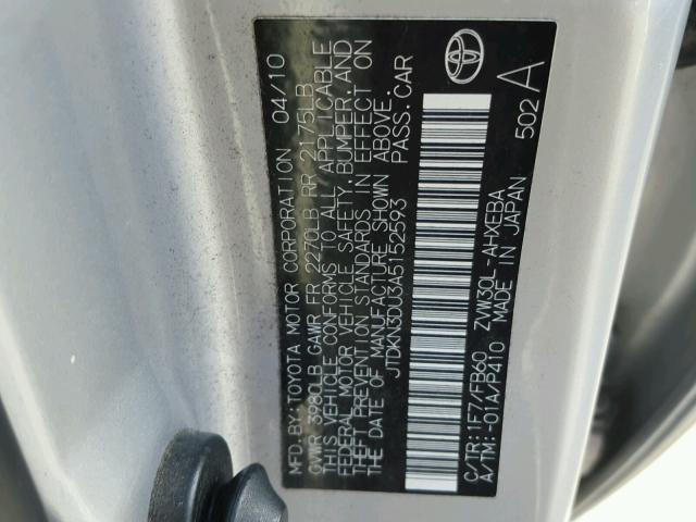 JTDKN3DU3A5152593 - 2010 TOYOTA PRIUS GRAY photo 10