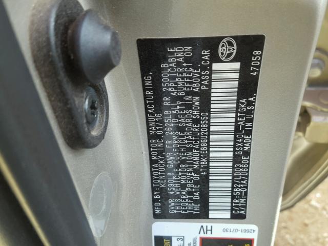 4T1BK1EB8GU208550 - 2016 TOYOTA AVALON XLE GRAY photo 10