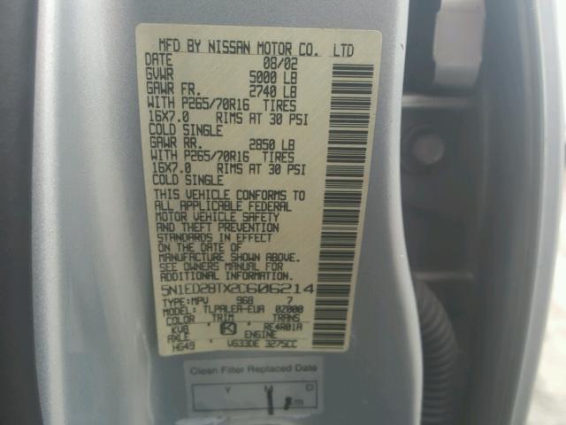 5N1ED28TX2C606214 - 2002 NISSAN XTERRA XE SILVER photo 10