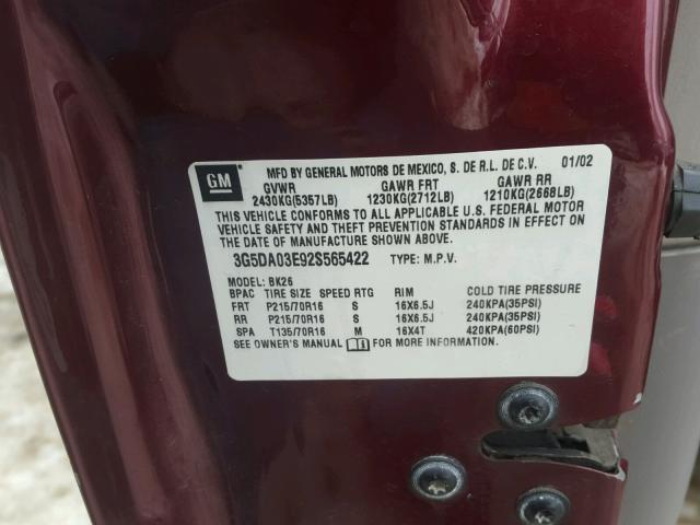 3G5DA03E92S565422 - 2002 BUICK RENDEZVOUS BURGUNDY photo 10