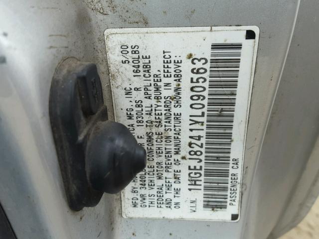 1HGEJ8241YL090563 - 2000 HONDA CIVIC EX SILVER photo 10