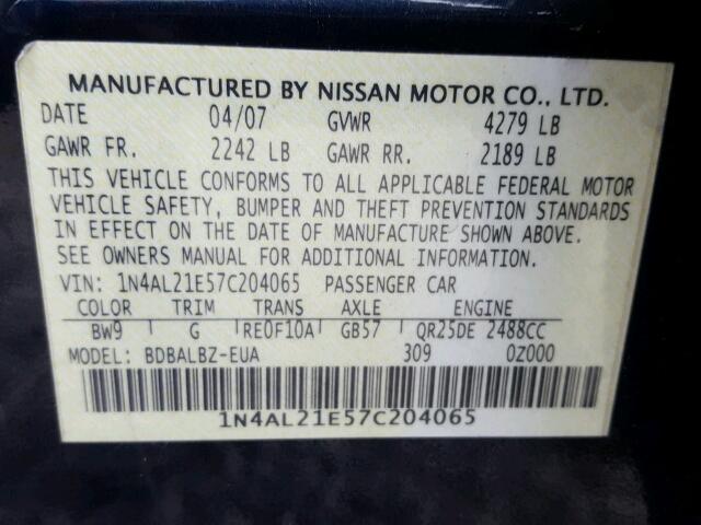 1N4AL21E57C204065 - 2007 NISSAN ALTIMA 2.5 BLUE photo 10