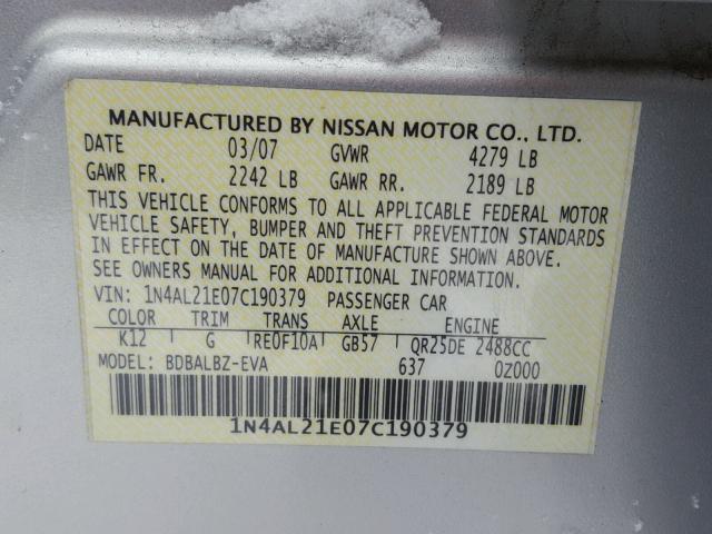 1N4AL21E07C190379 - 2007 NISSAN ALTIMA 2.5 SILVER photo 10