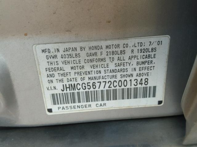 JHMCG56772C001348 - 2002 HONDA ACCORD SE SILVER photo 10